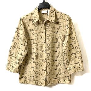 Alfred Dunner Top Size 14‎ Front Buttons, Stitching Details, Brown, Linen Blend